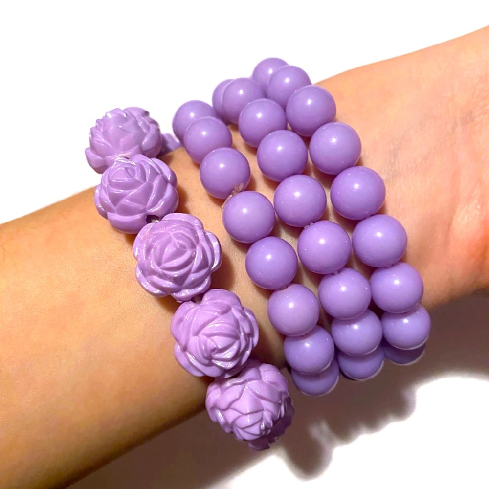 Pastel Purple Rose And Beaded Bracelets Set of 4